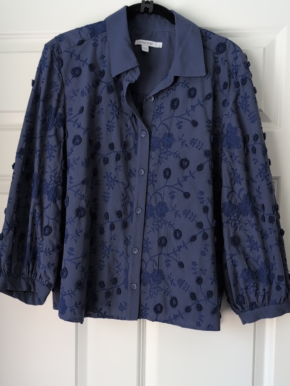 Chico's Navy Floral Embroidered Button-Down Shirt